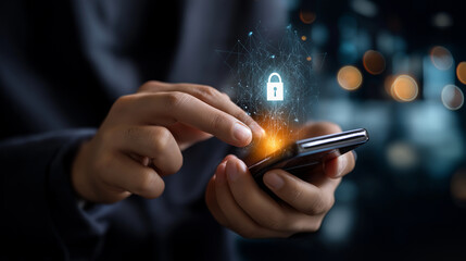 Faceless hands holding smartphone with warning, defocused ransomware alert, cybersecurity attack concept, data protection threat, digital crime visualization, hacker alert technolo