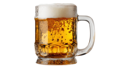 Cold beer in a transparent mug with foam on top, isolated on white background.