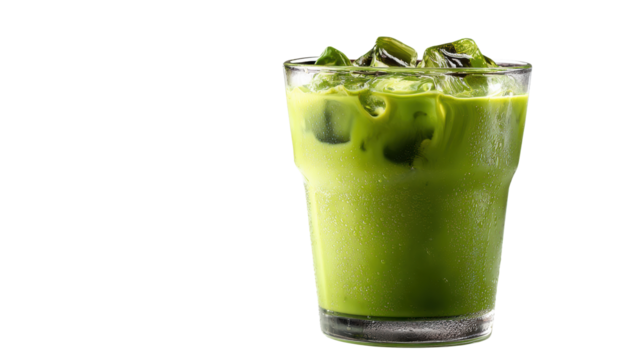 Cold green beverage in a glass with ice on a white isolated background.