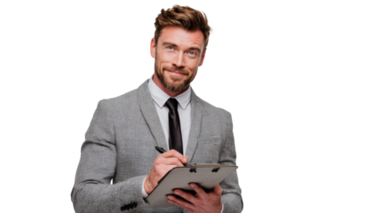 Confident man in business suit smiling, holding clipboard, white isolate background.