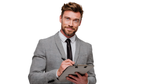Confident man in business suit smiling, holding clipboard, white isolate background.