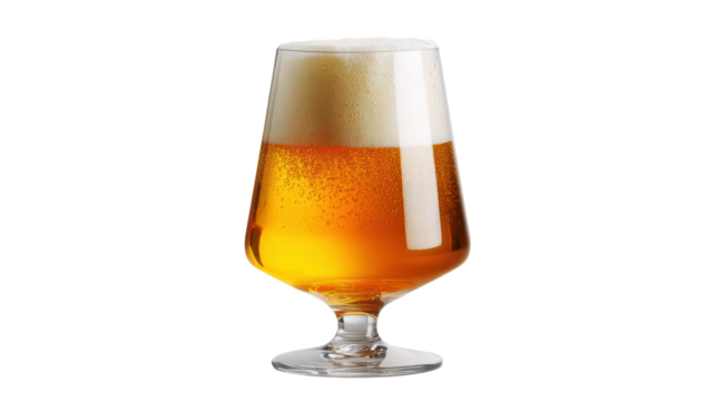 Craft beer in a glass with frothy head, on a white background.
