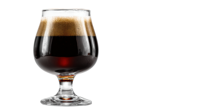 Craft beer in a tulip glass with creamy foam on top, white isolated background.
