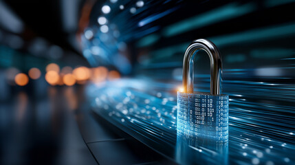 Digital padlock in futuristic tunnel, defocused circuit lines, cybersecurity concept, data protection technology, binary code background, network security visualization, encryption