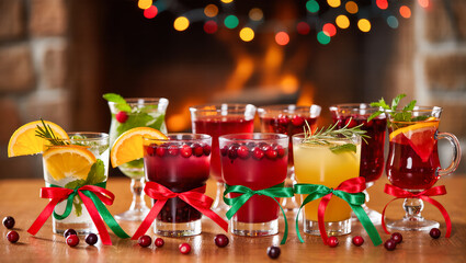 Christmas cocktails in assorted glasses with cranberries, orange slices, mint and ribbons, arranged on a table with festive lights and warm fireplace background.