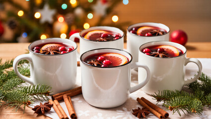 Christmas mulled wine in white mugs with orange slices, cranberries, cinnamon sticks and star anise on festive table with fir branches.