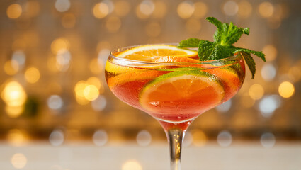 Refreshing cocktail in a coupe glass with orange and lime slices, garnished with mint leaves. Festive drink on blurred bokeh background. Citrus party vibe.