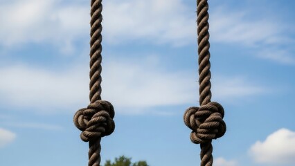 Obraz premium Knotted Rope Swings Against a Sky Backdrop Playful Childhood Memories.