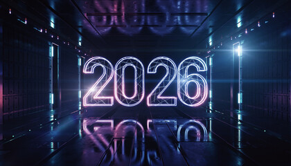 Glowing futuristic numbers 2026 illuminate a dark corridor with neon lights, symbolizing the arrival of the new year in a technologically advanced and hopeful atmosphere.
