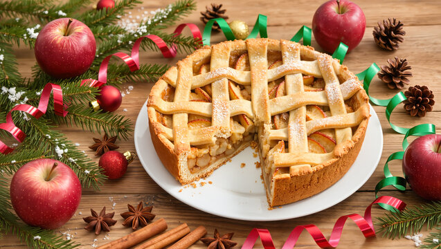 Christmas apple pie with lattice crust and powdered sugar, surrounded by fresh apples, spices, fir branches and festive ribbons on wooden table.