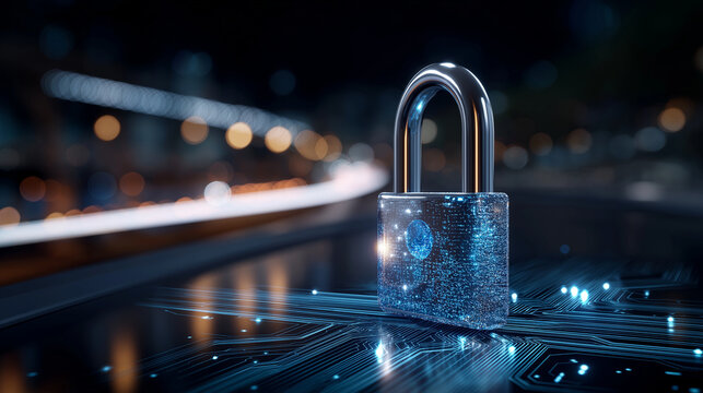 Digital padlock in futuristic tunnel, defocused circuit lines, cybersecurity concept, data protection technology, binary code background, network security visualization, encryption