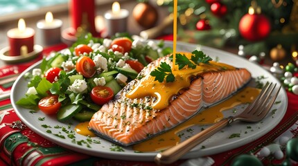 Grilled salmon fillet, cooked to perfection, with a vibrant orange sauce drizzled over the top, served alongside a fresh mixed green salad