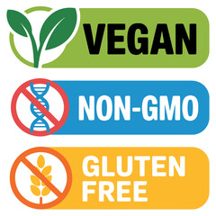 Vegan, Non-GMO, Gluten free icon set, Vegan, Non-GMO, Gluten free vector set