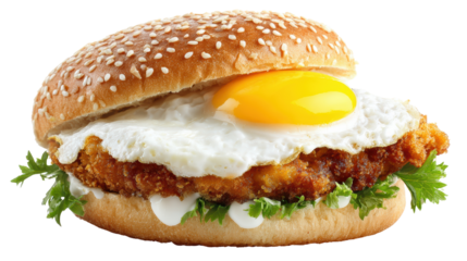 Delicious fried chicken sandwich with a sunny-side-up egg, fresh lettuce, and creamy sauce, isolated on white background.