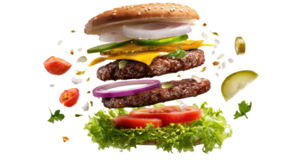 Delicious layered hamburger with fresh ingredients on a white isolated background.