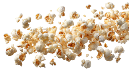 Delicious popcorn scattered on a white isolate background, perfect for movie night or snack ideas.