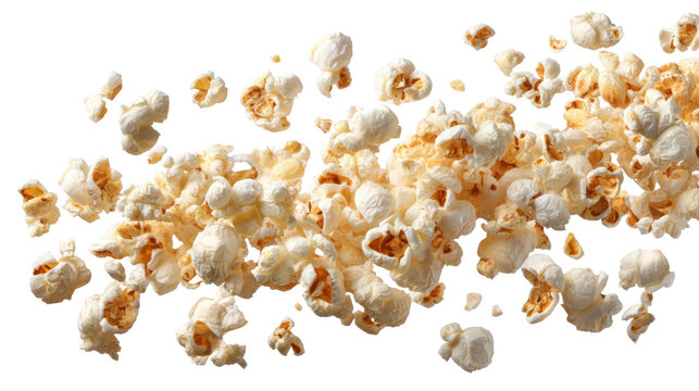 Delicious popcorn scattered on a white isolate background, perfect for movie night or snack ideas.