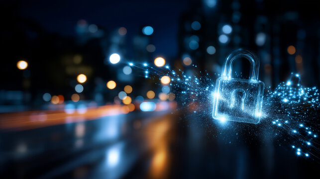 Digital safety interface visualization, defocused cybersecurity elements, data protection concept, privacy technology system, internet security infrastructure, network firewall def