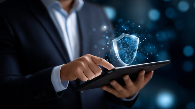 Faceless businessman holding tablet with shield, defocused network lines, cybersecurity concept, digital protection technology, information security visualization, network defense 