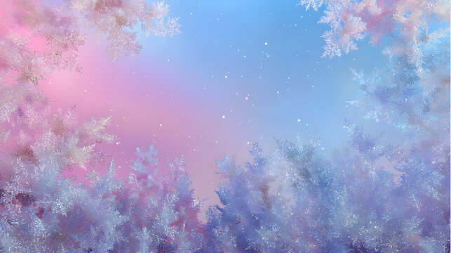 Soft pastel snowy scene with pink-blue gradients and crystal flakes forming dreamy frame 