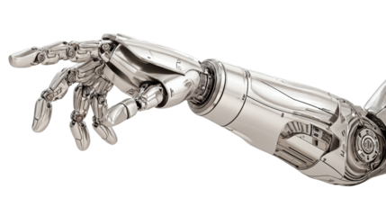 Detailed robotic hand, showcasing modern engineering and artificial intelligence, isolated on white background.