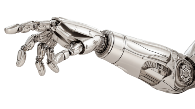Detailed robotic hand, showcasing modern engineering and artificial intelligence, isolated on white background.