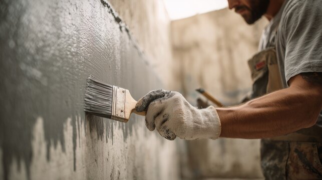 Worker applying concrete coating with sealant to basement wall for waterproofing and surface protection.