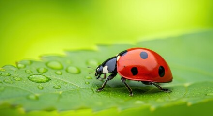 A ladybug walks on a wet green leaf in close up detail.