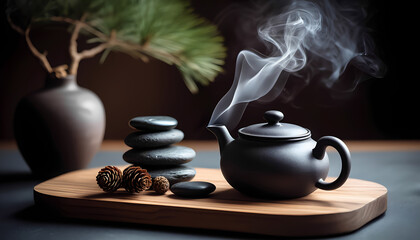 A black tea pot with smoke coming out of it