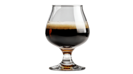 Elegant glass of dark stout beer with creamy foam on a white isolated background.