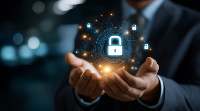 Faceless person holding glowing security network, defocused digital icons, central padlock concept, cybersecurity visualization, data protection technology, information safety syst