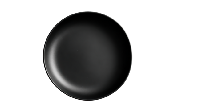 Elegant black plate on a white background, ideal for showcasing culinary creations.