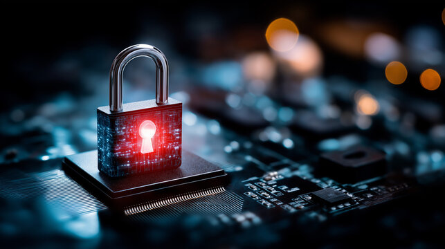 Digital secure lock symbol on circuit board, defocused electronic background, cybersecurity protection concept, data encryption technology, tech security visualization, information
