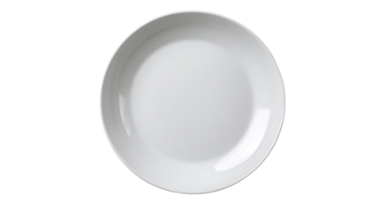 Empty white ceramic plate on a white background, perfect for showcasing cuisine or food styling.
