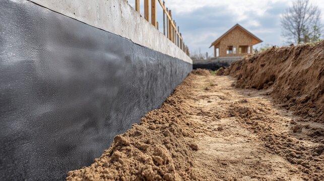 Concrete foundation wall with waterproofing membrane and excavation for foundation repair and damp proofing.