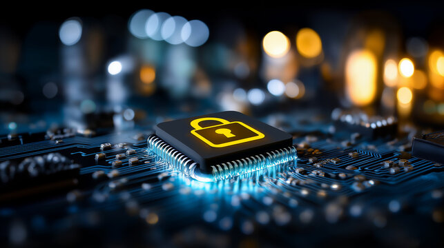 Digital secure lock symbol on circuit board, defocused electronic background, cybersecurity protection concept, data encryption technology, tech security visualization, information