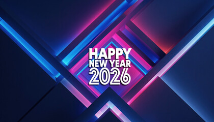 Happy new year 2026 celebration with glowing neon lights and geometric shapes creating a festive and modern atmosphere.