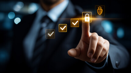 Faceless businessman using digital interface with checklist, defocused security icons overlay, data protection concept, secure access technology, identity verification system, cybe
