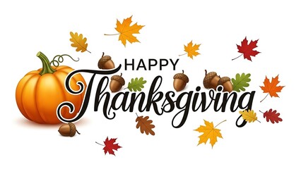 Happy thanksgiving greeting design with autumn leaves, pumpkin, and acorns