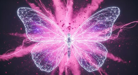 A luminous, ethereal butterfly with glowing wings, outlined with a digital network, surrounded by pink