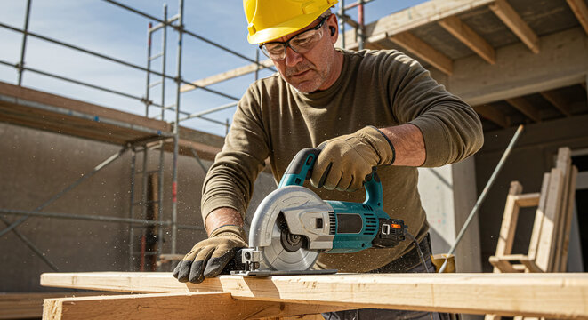 Carpenter using a circular saw to cut a wooden plank, creating a spray of sawdust.Concept of power tools and woodworking craftsmanship.