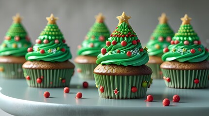 ntricately decorated Christmas tree shaped cupcakes with vibrant green frosting and colorful sugar decorations