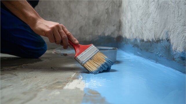 Worker applying blue liquid membrane to concrete basement floor and corner for waterproofing, brush, concrete wall and floor visible, concept, basement floor waterproofing.