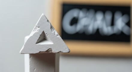 A white geometric sculpture sits before a blurred chalkboard