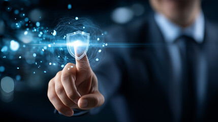 Faceless businessperson activating AI security shield, defocused digital transformation elements, cybersecurity concept, data protection technology, network defense visualization,