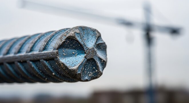 Close-up of a textured, metallic drill bit tip against a blurred construction crane background. Detailed ridges and geometric design are visible. Cloudy, overcast sky provides soft light - Powered by Adobe
