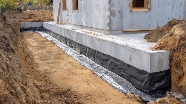 Concrete foundation wall with waterproofing membrane and excavation for foundation repair and damp proofing.