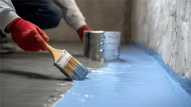 Worker applying concrete coating with sealant to basement wall for waterproofing and surface protection.