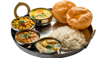 Authentic Indian thali meal with curries, rice, and puri bread, a vibrant culinary journey showcasing rich flavors and cultural heritage, ready for your designs