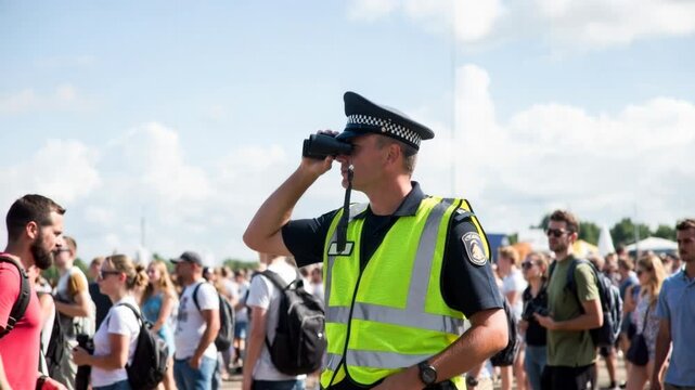 Police officer monitoring crowd with binoculars at outdoor public event on a sunny day, safety and security patrol ensuring crowd control and emergency readiness for festival management